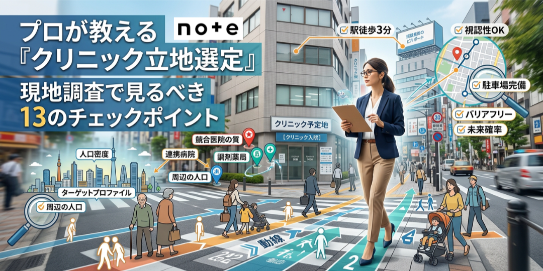 note記事更新のお知らせ（プロが教える「クリニック立地選定」現地調査で見るべき13のチェックポイント）