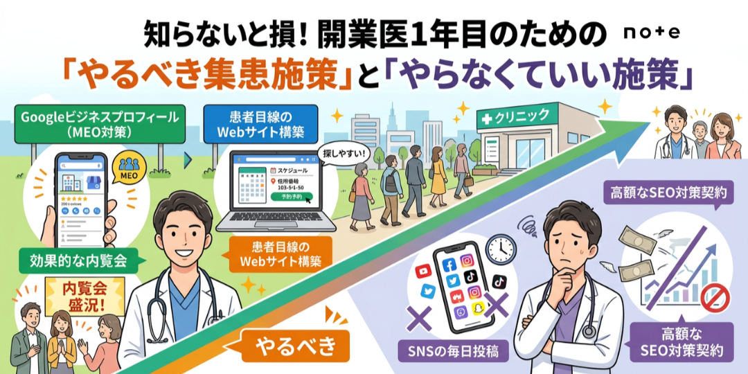 note記事更新のお知らせ（知らないと損！ 開業医1年目のための「やるべき集患施策」と「やらなくていい施策」）